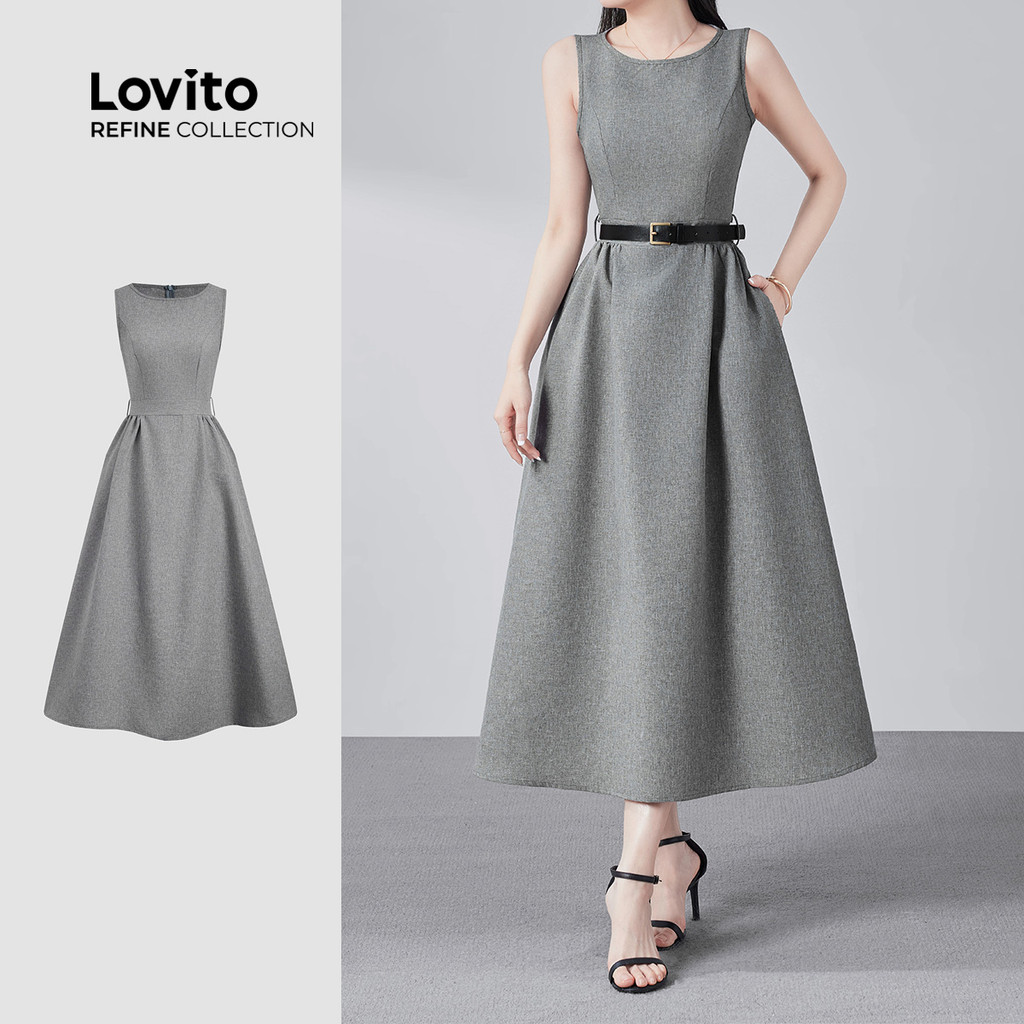 (Lovito Refine) Vestido Elegante com Zíper Primavera/verão Cinza para Mulheres LR26E001