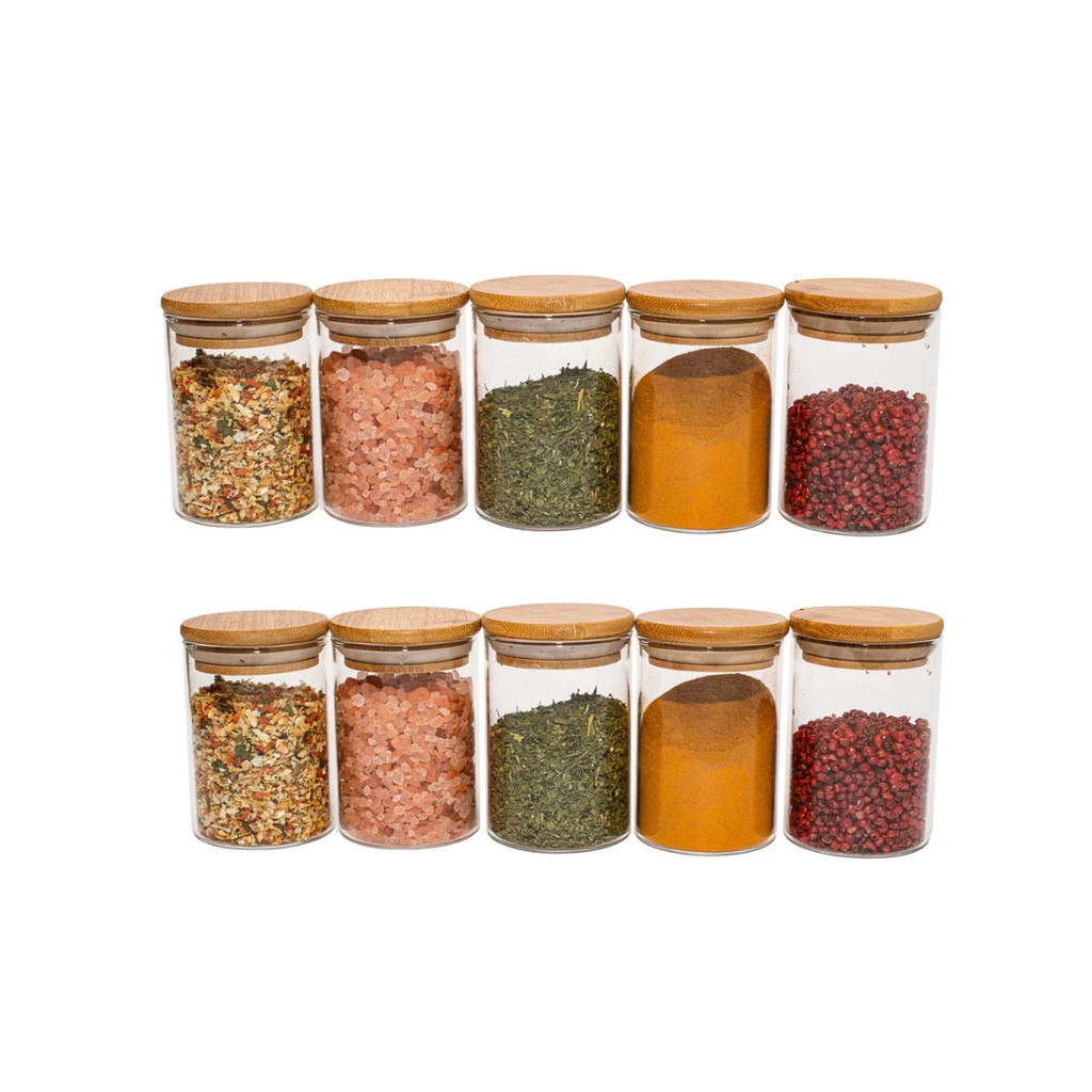 Kit 10 Potes De Vidro Condimentos 250ml Com Tampa De Bambu