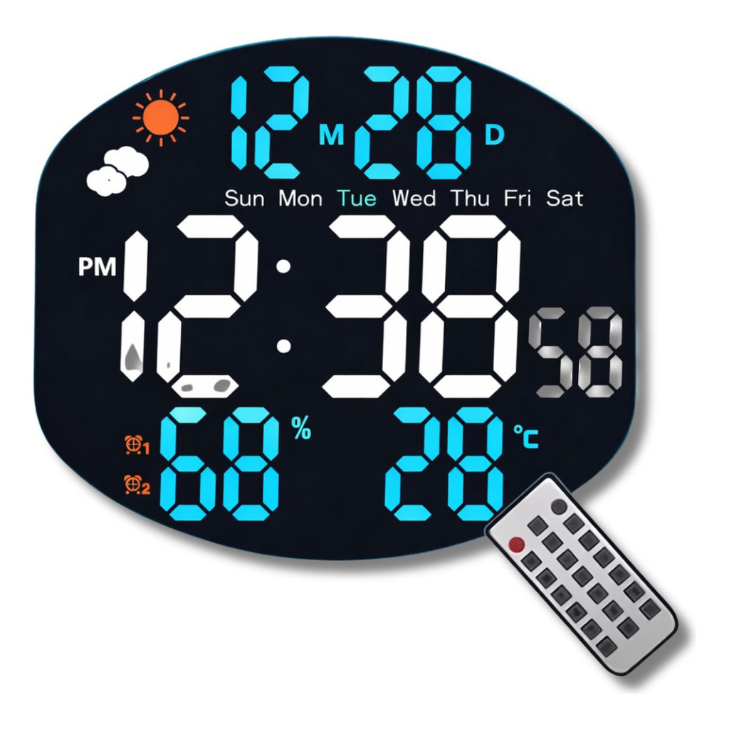 Relógio Digital Grande com Alarme, Data, Termômetro e Umidade – Visor de LED