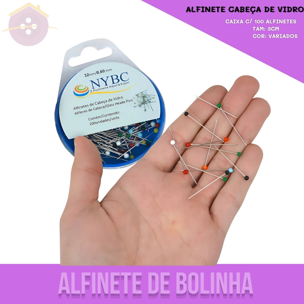 Alfinete Cabeça De Vidro - Caixa C/100 Unidades