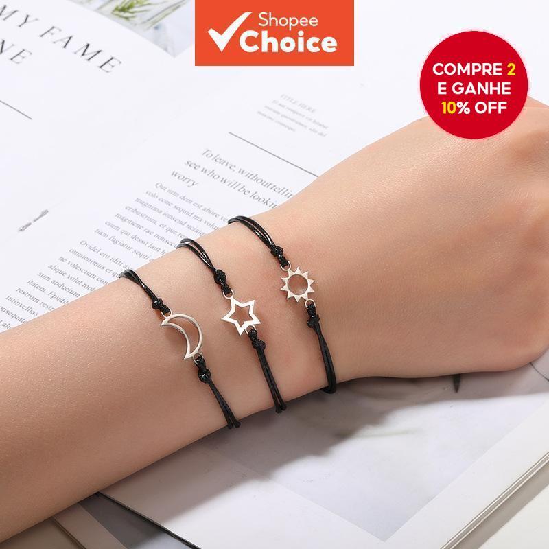 Conjunto de Pulseiras Personalizadas Sol, Lua e Estrela em Aço Inoxidável - 3 Peças para Casais e Amizade.