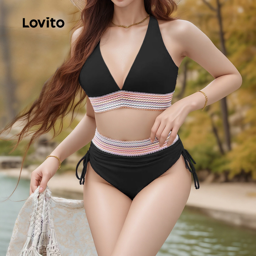 Lovito Conjuntos de Biquíni Sexy com Cordão para Mulheres - Primavera/verão Preto LNE126025 em Oferta na Shopee