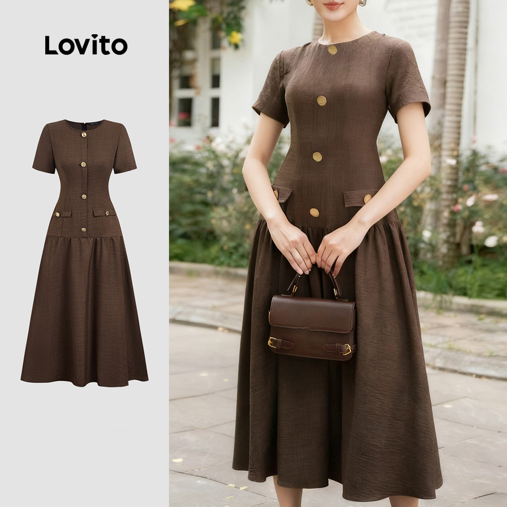 Lovito Elegante Botão Vestido Frente Textura Primavera/verão Vestido Marrom Moka para mulheres L165ED156