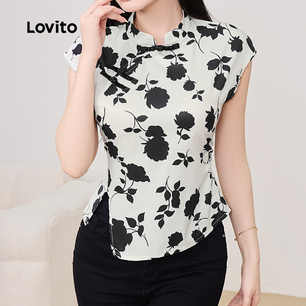 Detalhes do Lovito Blusa Boho Para Festa De Natal E Ano Novo Estilo Chinês Primavera/verão Cor Damasco Para Mulheres L164ED1045