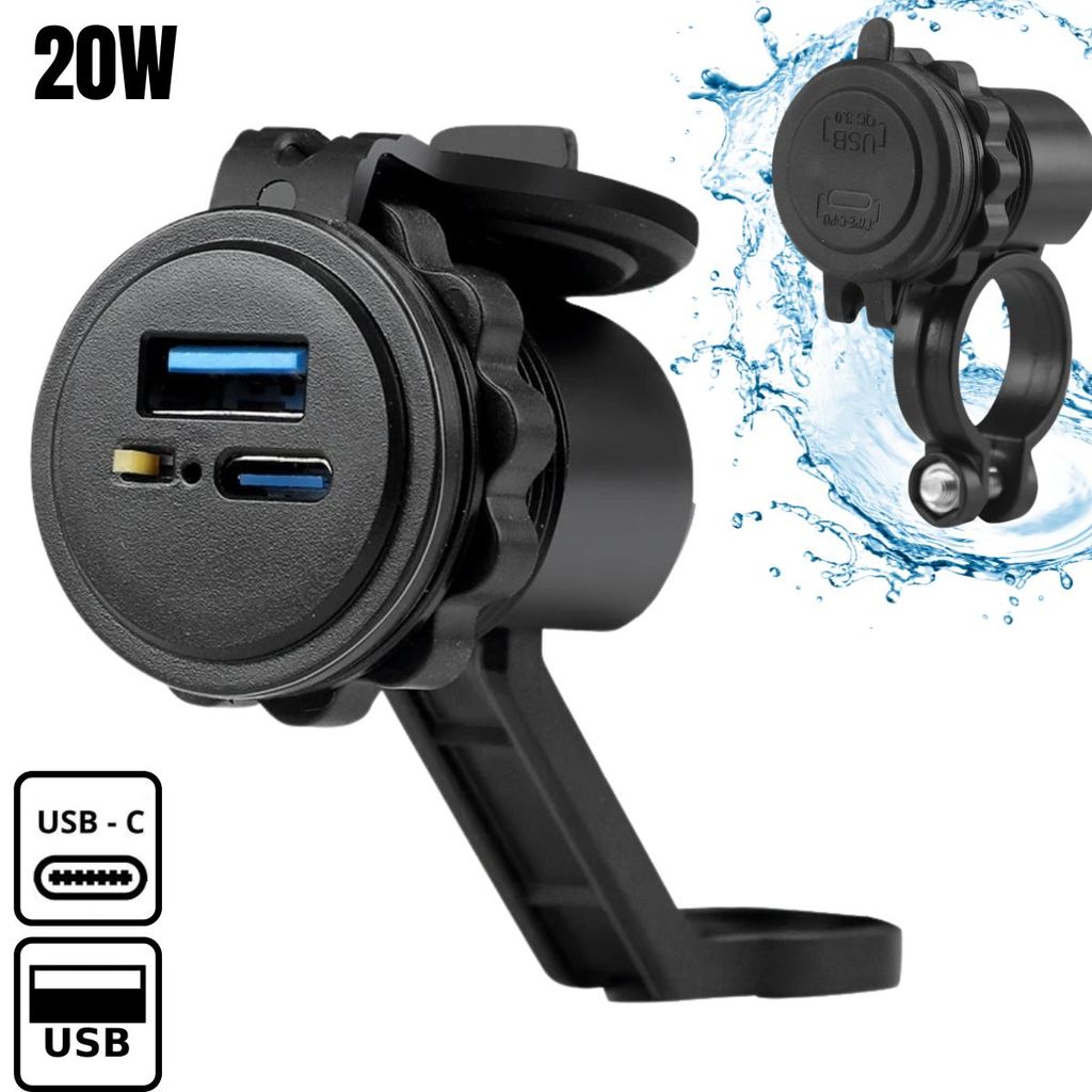 Carregador de Celular para Moto 20W Porta USB-A + USB-C, Saída 3.1A, Interruptor a Prova d`Água em Oferta na Shopee