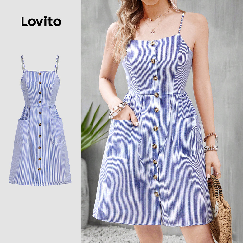 Lovito Vestido Casual Azul de Primavera/verão com Botões Na Frente Bolsos e Listras para mulheres L138ED424 em Oferta na Shopee