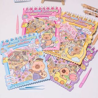 Kit Livro Mini Cenário Mundo Capivara Cartela de Adesivo 8 Cenários Pinça Divertida Fofo Paisagismo