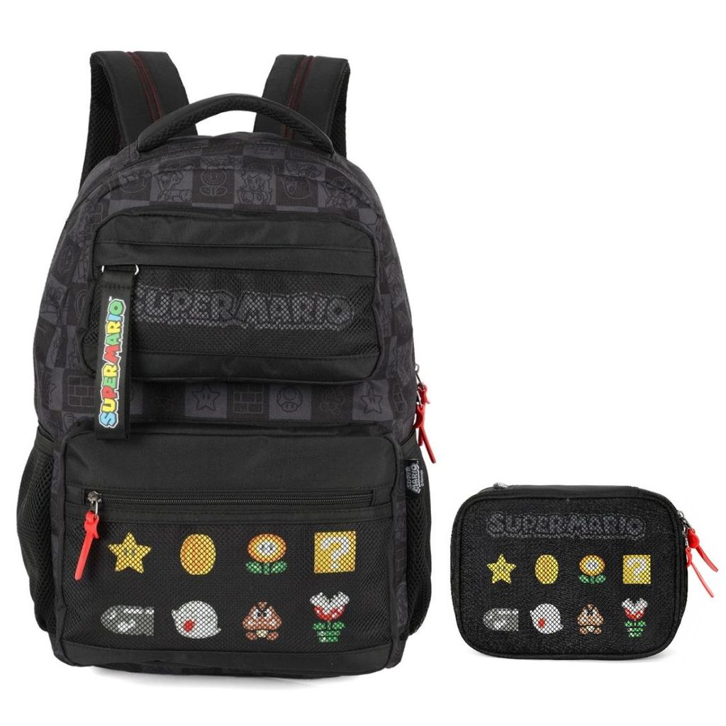 Kit Mochila De Costas e Estojo Box Preto Super Mario Bros Nintendo Games Infantil Escolar Volta As Aulas