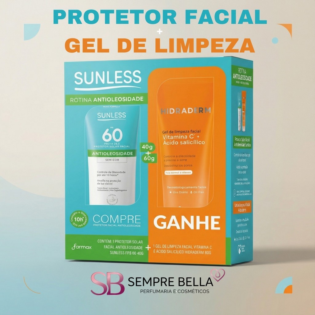 Kit Facial Protetor Solar FPS 60 Toque Seco + Gel de Limpeza Hidraderm Vitamina C Sunless em Oferta na Shopee