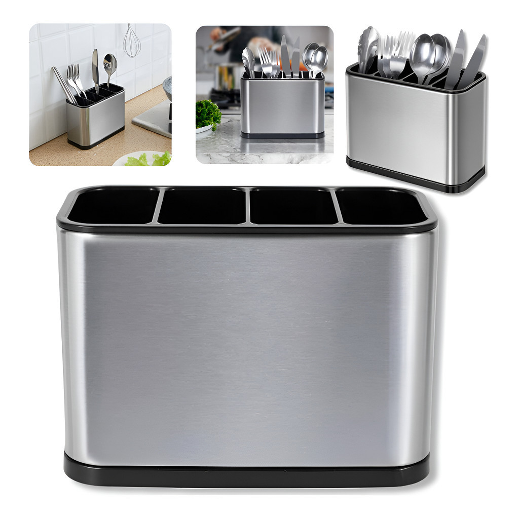 Escorredor Porta Talheres 4 Divisões Pia Silver Inox Connect Ecom 18x13cm Cor Aço Inox Brilhante