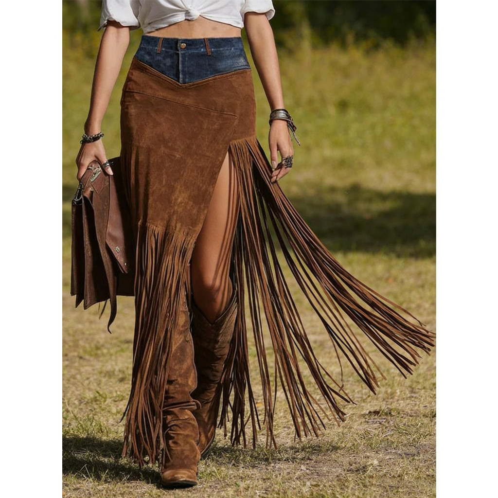 2026 Saias Femininas De Camurça Sintética Cintura Alta Bodycon Vintage Boho Denim Retalhos Franja Maxi Saia Para Cowgirl