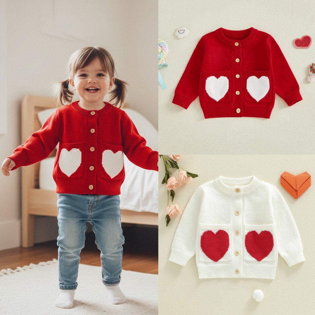 [helali] Cardigã De Malha De Outono Para Bebês Meninas Adorável Padrão De Coração Manga Comprida Gola Redonda Suéter Com