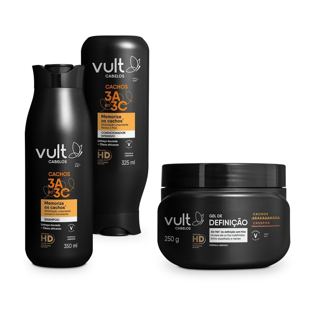 Combo Vult: Shampoo Cachos 3A a 3C 350ml + Condicionador Cachos 3A a 3C 325ml + Gel de Definição Cachos e Crespos 250g