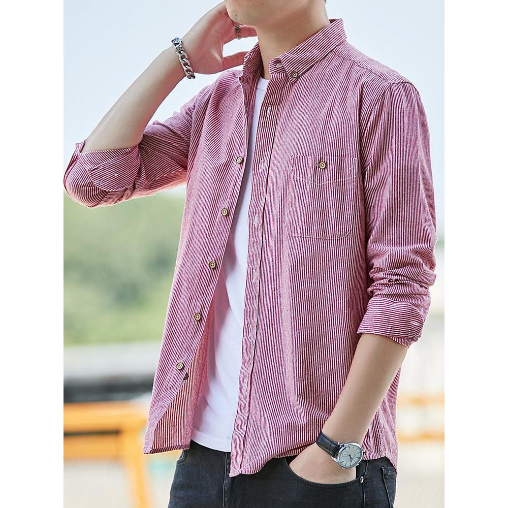 Camisa masculina primavera de manga comprida na moda All-Match camisa listrada solta Casual puro algodão polegada camisa