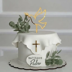 Topo Batizado + Cruz Frontal Acrílico Espelhado Personalizado Bolo Luxo para Batismo