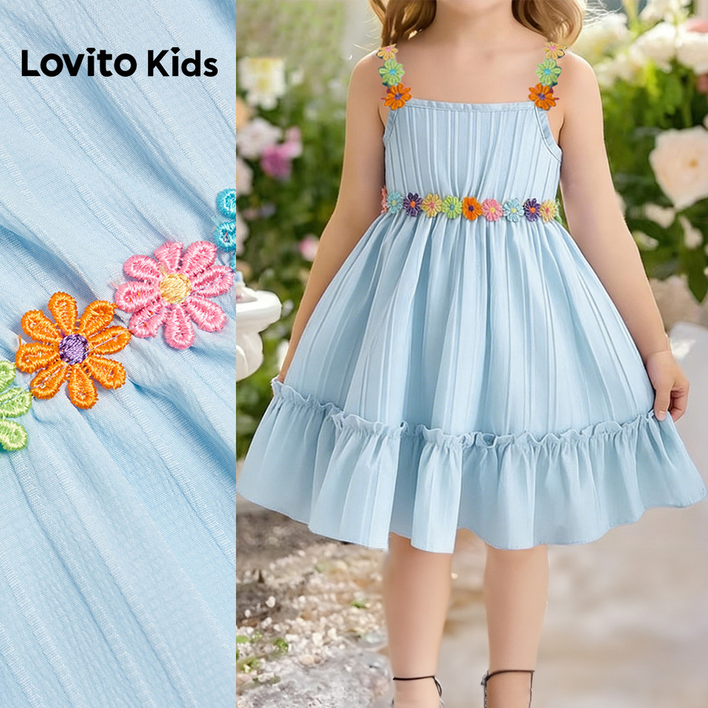 Lovito Casual Kids Vestido Azul de Primavera/verão com Aplicação e Barra Franzid