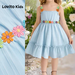 Lovito Casual Kids Vestido Azul de Primavera/verão com Aplicação e Barra Franzida para menina L186LD215