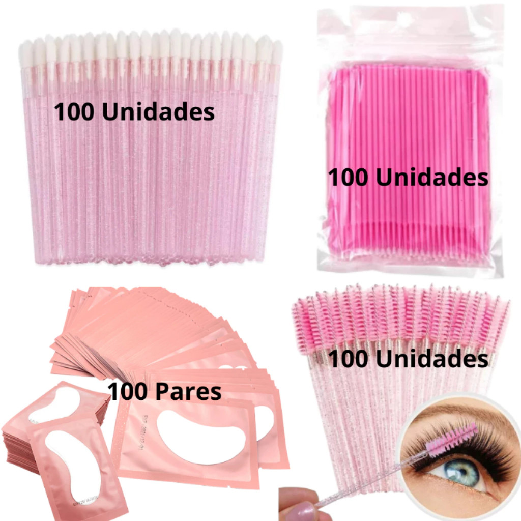 Kit- 100 Escovinhas + 100 Microbrush + 100 Aplicador + 100 Pares de Gel Pads (200 Unidades) Batom Alongamento Cilios