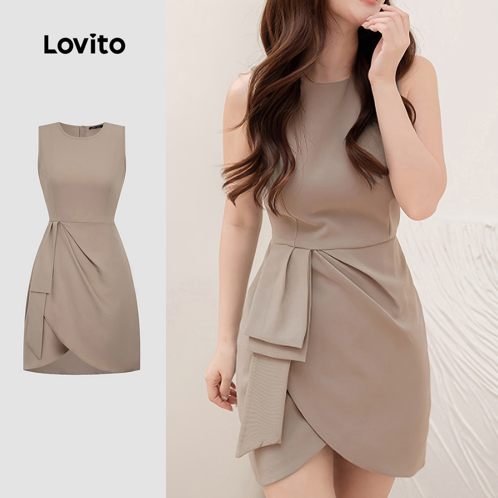 Lovito Elegante Vestido Simples Assimétrico Primavera/verão Vestido Cáqui para Mulheres L155ED1783
