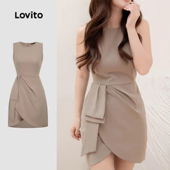 Lovito Curto Elegante Vestido Simples Assimétrico Primavera/verão Vestido Cáqui para Mulheres L155ED1783