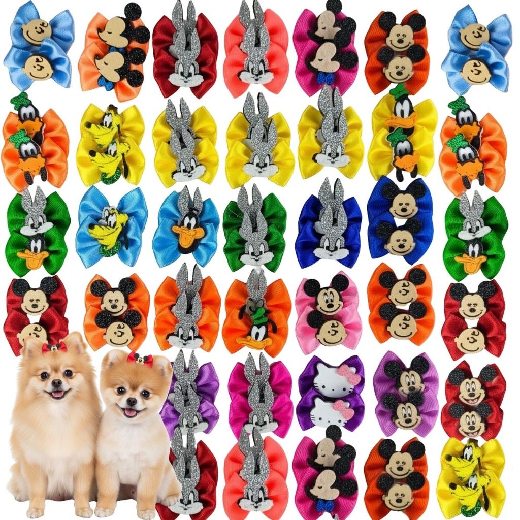50 Laços Topete de Cetim Para Pet Pequeno e Médio Personagens Variados Pet Shop Banho e Tosa Preço Atacado