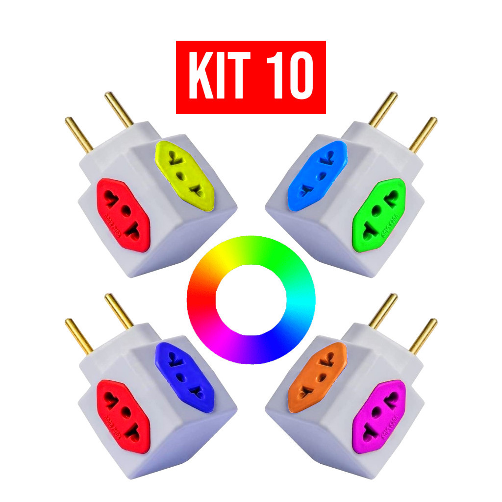 Kit 10 Adaptador de Tomada Benjamin Cubo Colorido 4 Entradas 10A  20A