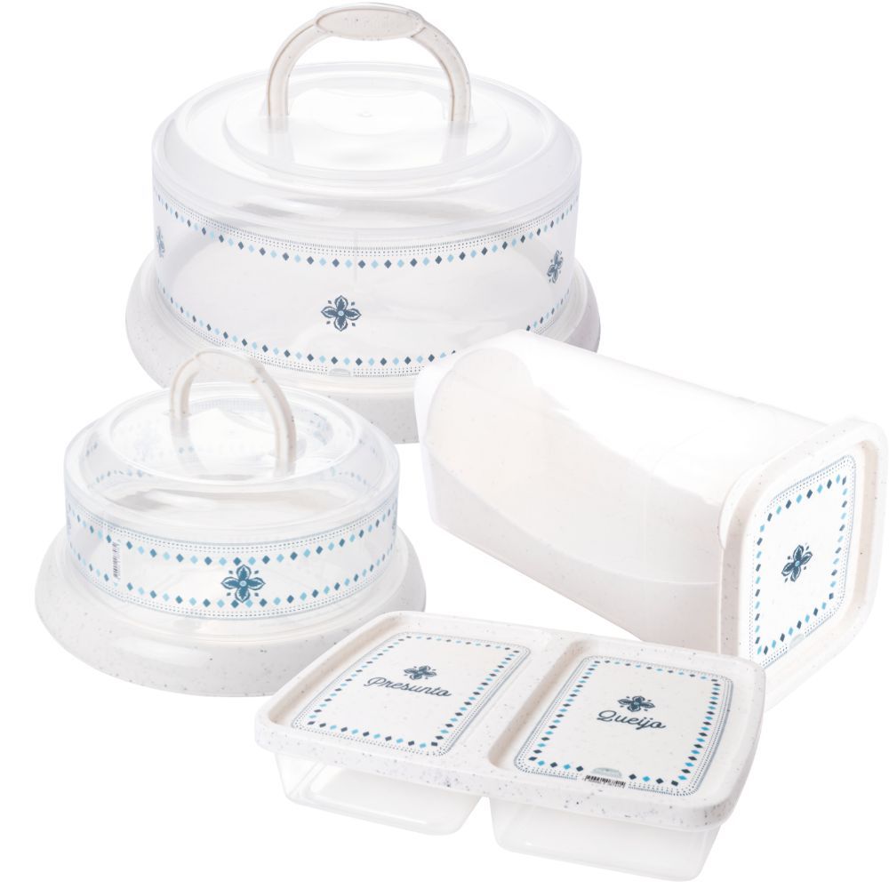 Kit Boleira Rosca, Queijeira Rosca, Porta Torradas com Gaveta Deslizante e Porta Frios 4 peças Marmorizado Plasutil