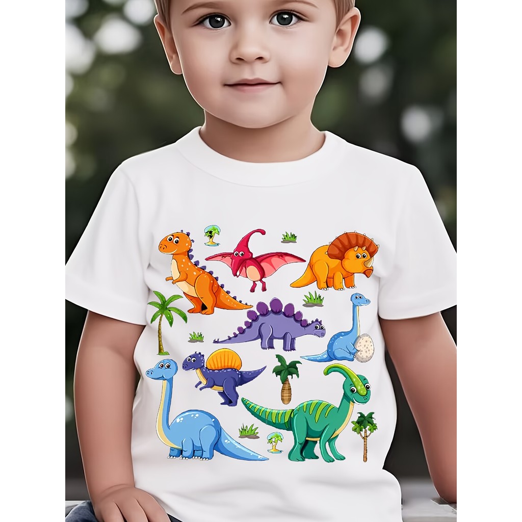 Camiseta Branca de Desenho Animado Infantil para Meninos e Meninas com Padrão de Dinossauro Camisa Leve e Confortável