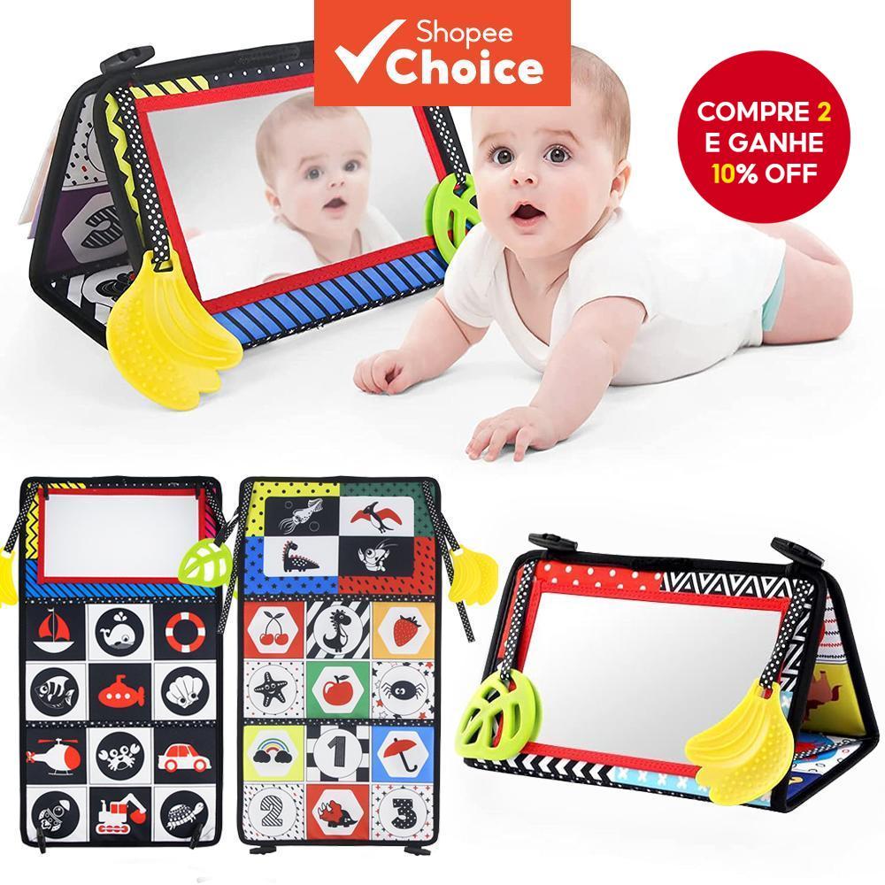Brinquedos de Espelho de Tummy Time para Bebês, Sensoriais em Preto e Branco, Toy de Suspensão Educativo de Alto