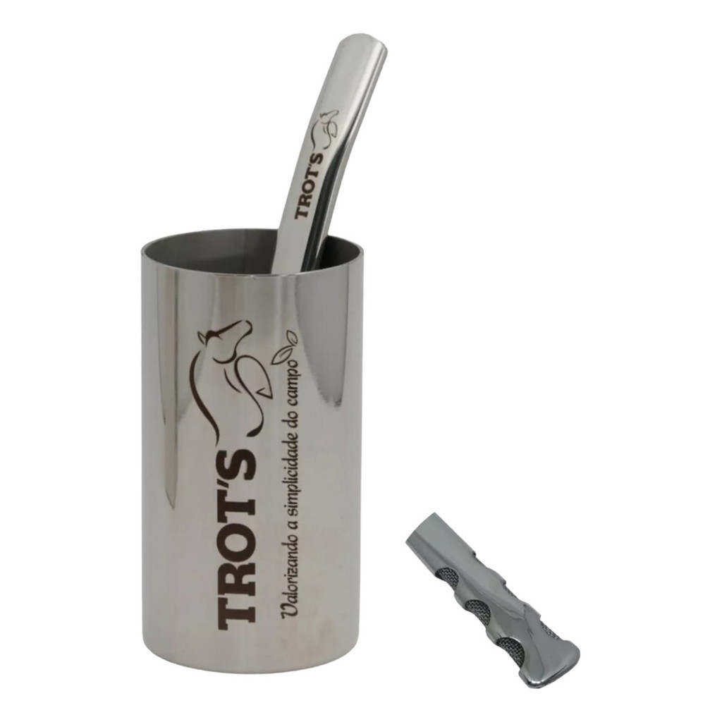 Kit Tereré Trots Copo Redondo Inox + Bomba Chata Tela Inox Inox