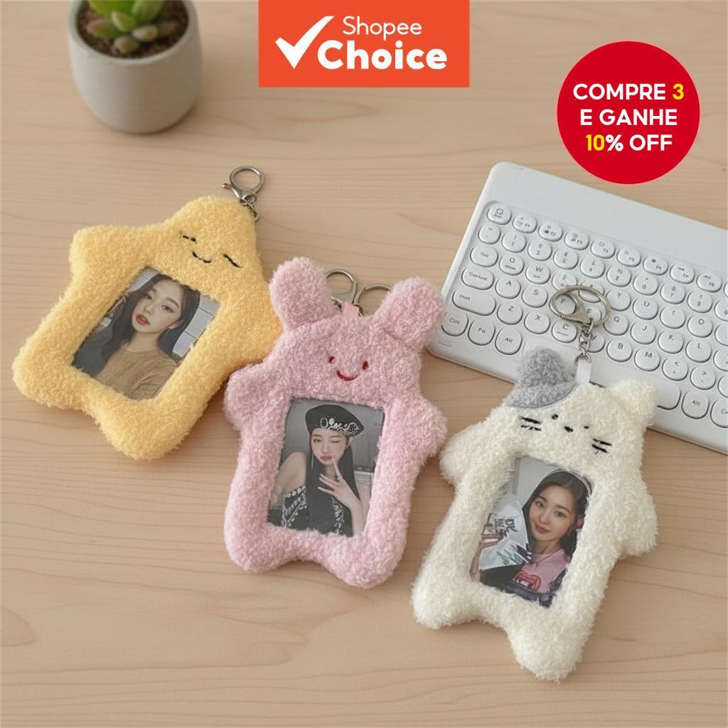  Manga de Cartão Fotográfico com Chaveiro em Pelúcia Gato com Manteiga Coreana para Identidade, Cartão de Crédito e