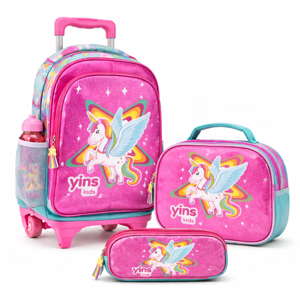 Kit Mochila Escolar Infantil de Rodinhas Menina Bolsa Resistente Impermeável Com Lancheira e Estojo  Unicórnio