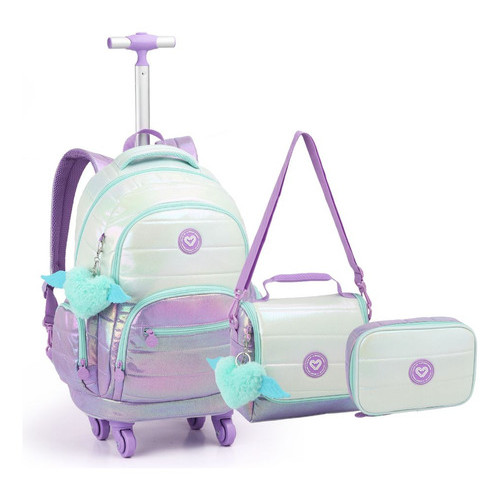 Kit Mochila Rodinha Lancheira Estojo Box 360° Juvenil Feminina Unicórnio Coração
