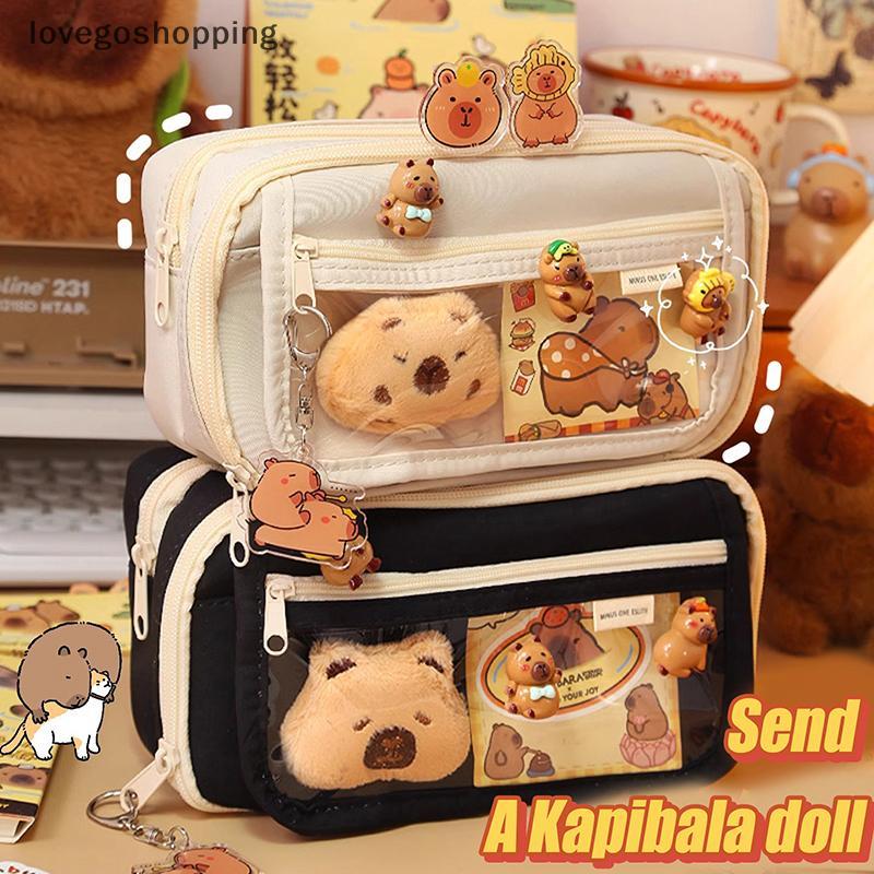 [lovego] Bolsa De Lápis De Grande Capacidade Capivara Cartoon Papelaria Com Broches Adesivos Clipes Chaveiros Estojo Par em Oferta na Shopee