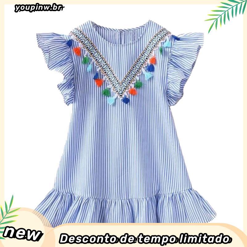 Vestido Infantil Azul Claro Listrado Invertido Manga Com Babado Festas Aniversário Luxo