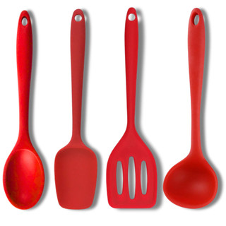 Kit 4 Utensílios Silicone Vermelho Espátulas Colher E Concha