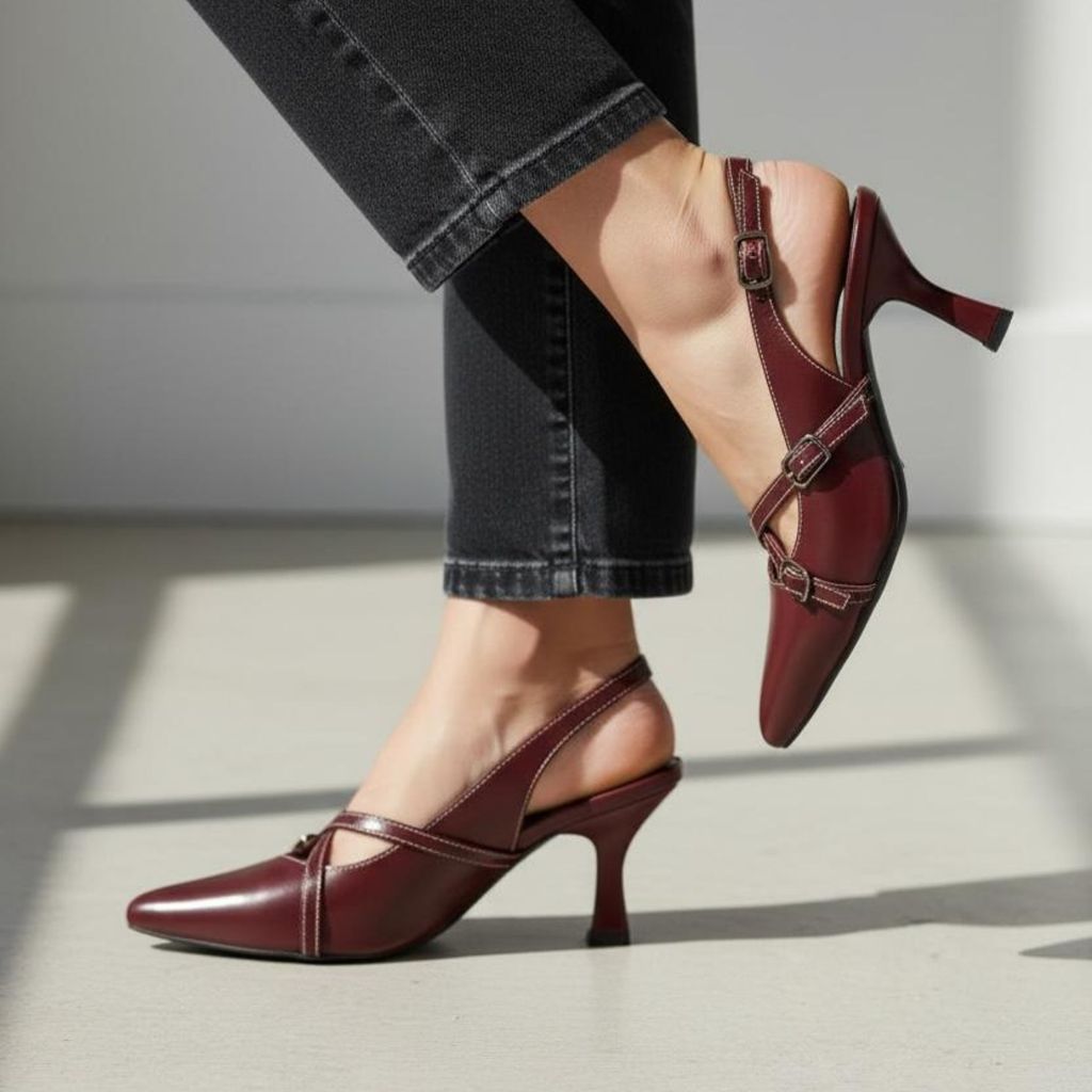 Sapato Slingback Feminino Elegante Bico Fino com Tiras Ajustáveis Salto 7cm Confortável Macio Social Igreja Trabalho
