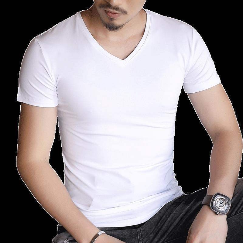 Camiseta masculina Modal de manga curta verão na moda roupas masculinas seda gelo fino com decote em v meia manga roupas