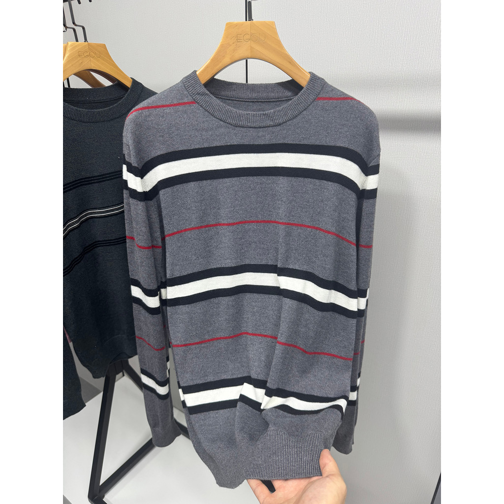 [Etiqueta de corte elegante] Incluindo lã outono novo estilo suéter listrado masculino gola redonda suéter camisa de fun