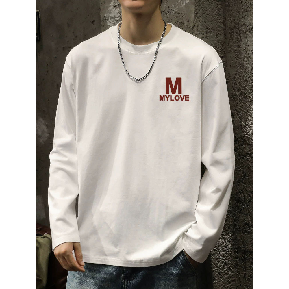 Americano pesado puro algodão branco de manga comprida camiseta masculina primavera outono inverno estilo ocidental em t