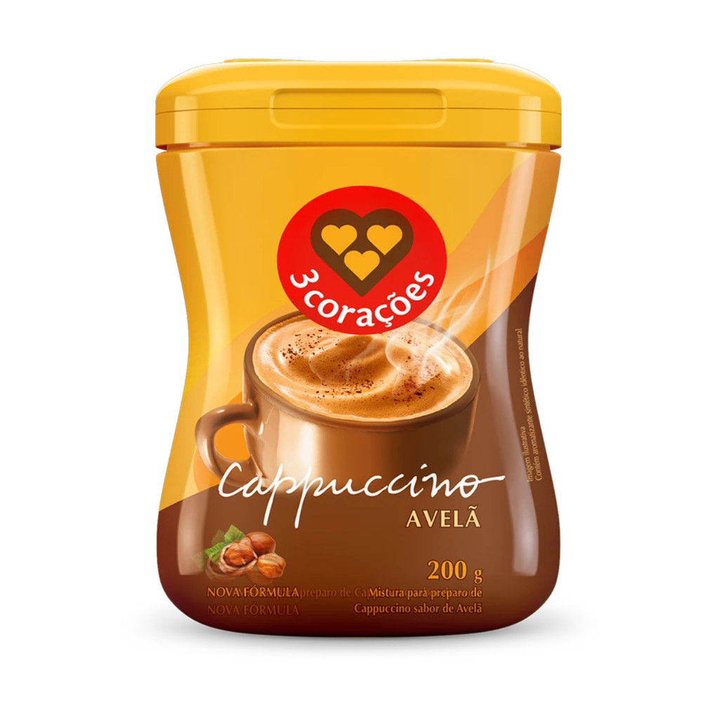 CAFÉ SOLÚVEL CAPPUCCINO 3 CORAÇÕES AVELÃ 200G