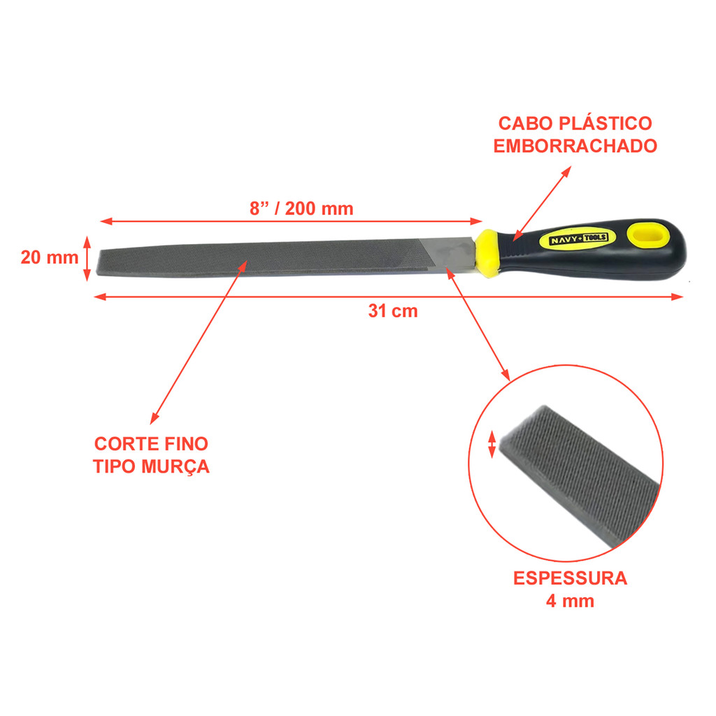 Lima Chata Murça Fino 31cm (8") Com Cabo Emborrachado Para Diversos Materiais