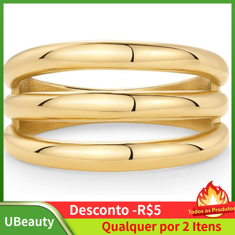 Conjunto de Anéis Triplos Empilháveis Curvos Banhados a Ouro 14K para Mulheres, Anéis Grossos de Aço Inoxidável Resisten