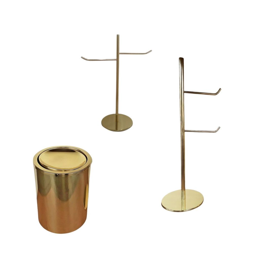 Kit Lavabo Dourado, Papeleira, Toalheiro E Lixeira