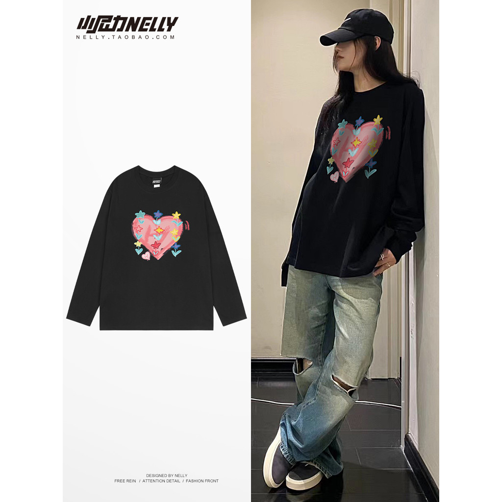 Primavera outono novo estilo preto de manga comprida camiseta masculina feminina versão coreana solta interior oversize 