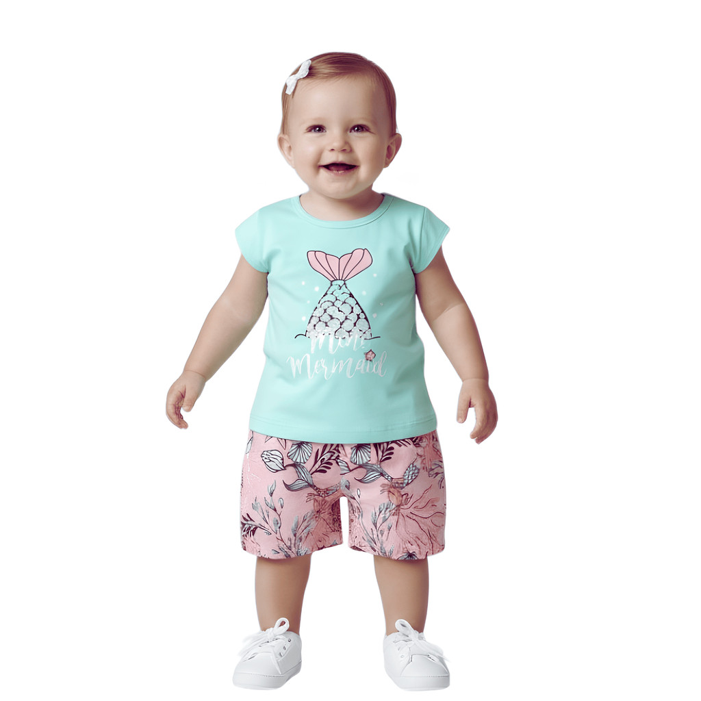 Conjunto Verão Bebê Infantil Menina Blusa Em Cotton E Shorts Estampado