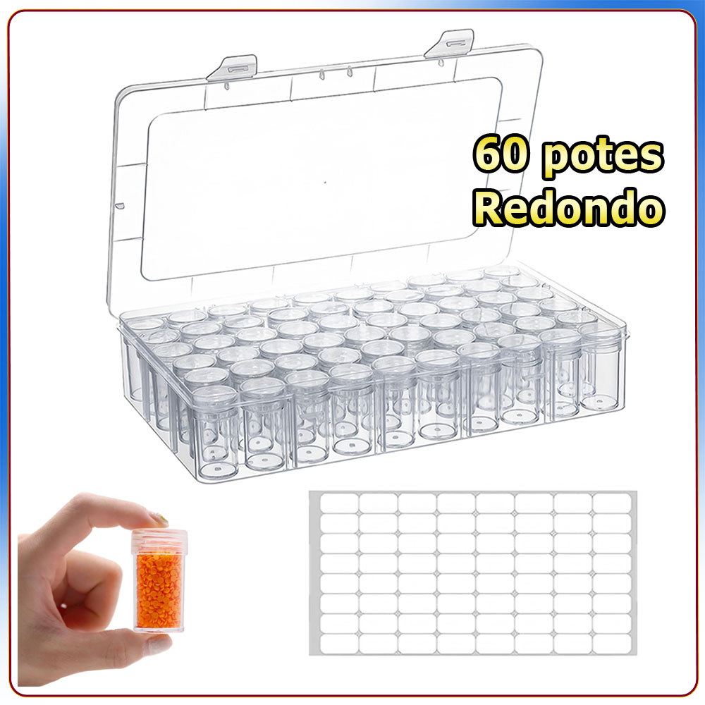 Caixa organizadora para strass 60 potes redonda com etiqueta para strass de nail art strass miçangas e sementes