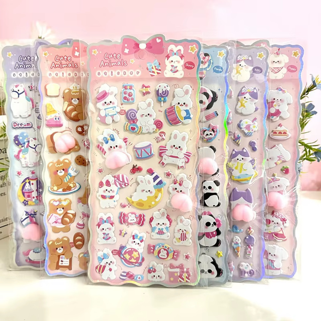 Cartela de adesivos 3D Squishy de Bumbum Anti-stress Kawai Adesivo Coelho Panda Gatinho Unicórnio