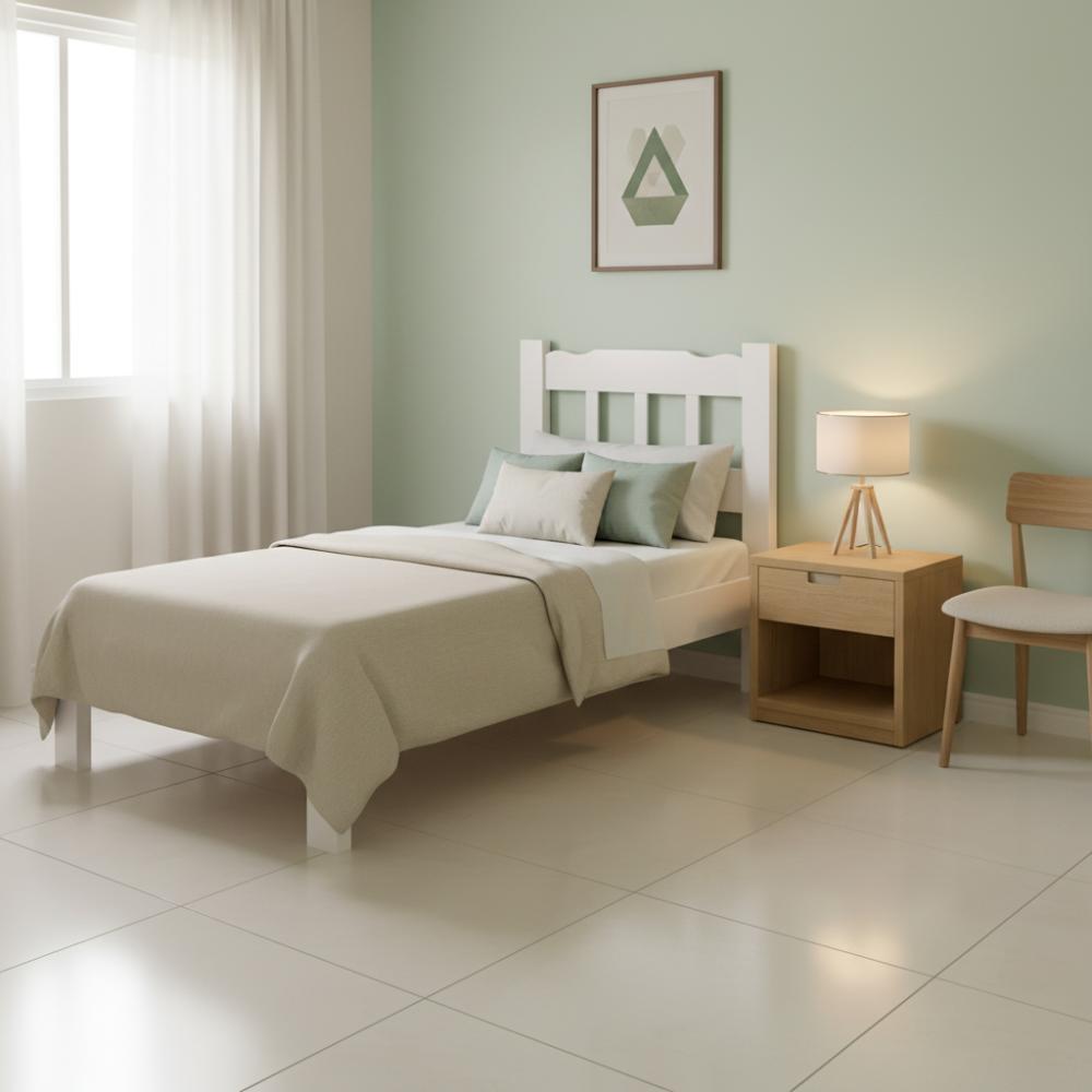 Cama com Colchão Solteiro em Madeira Maciça Reforçada Branco Repleta