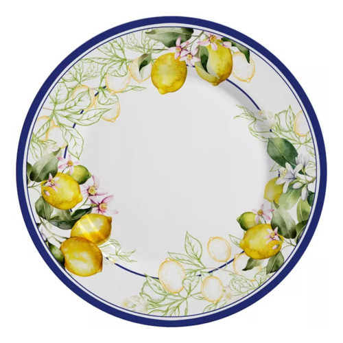 Conjunto 6 Pratos de Sobremesa Doces Branco Azul Limão Sorrento Cerâmica Alleanza